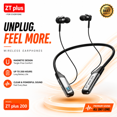 ZT Plus Wireless Neckband Headset – Bluetooth Headset with 200H Battery Backup, LED Digital Display, TF Card Slot, Fast Charging & Magnetic In-Ear Design